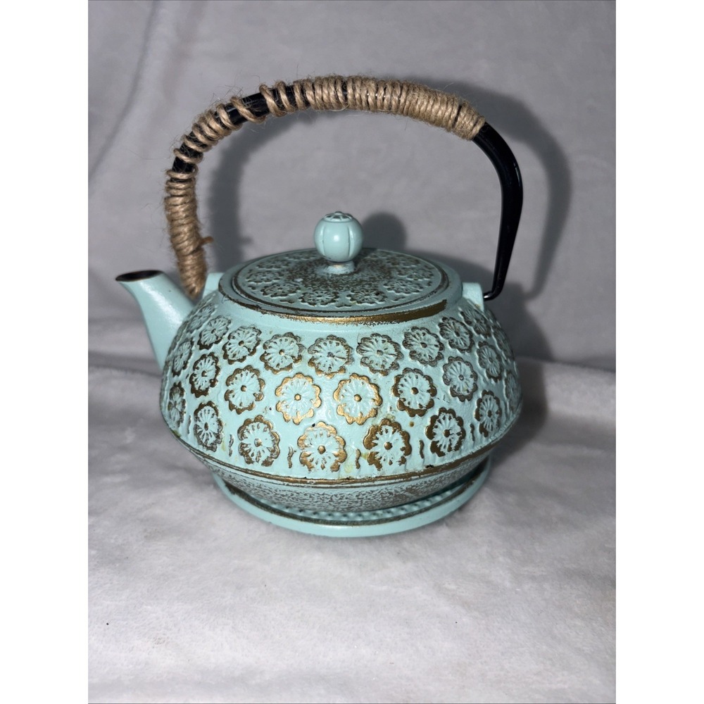 Tetsubin Style Japanese Cast Iron Teapot With Trivet Teal & Gold No Infuser EUC